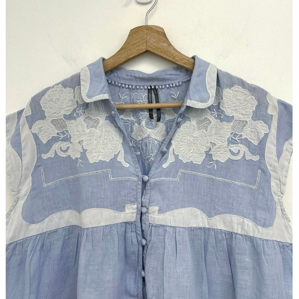LIKE NEW Anthropologie Light Blue and Cream Short Sleeve Peplum Button Top - Picture 5 of 14
